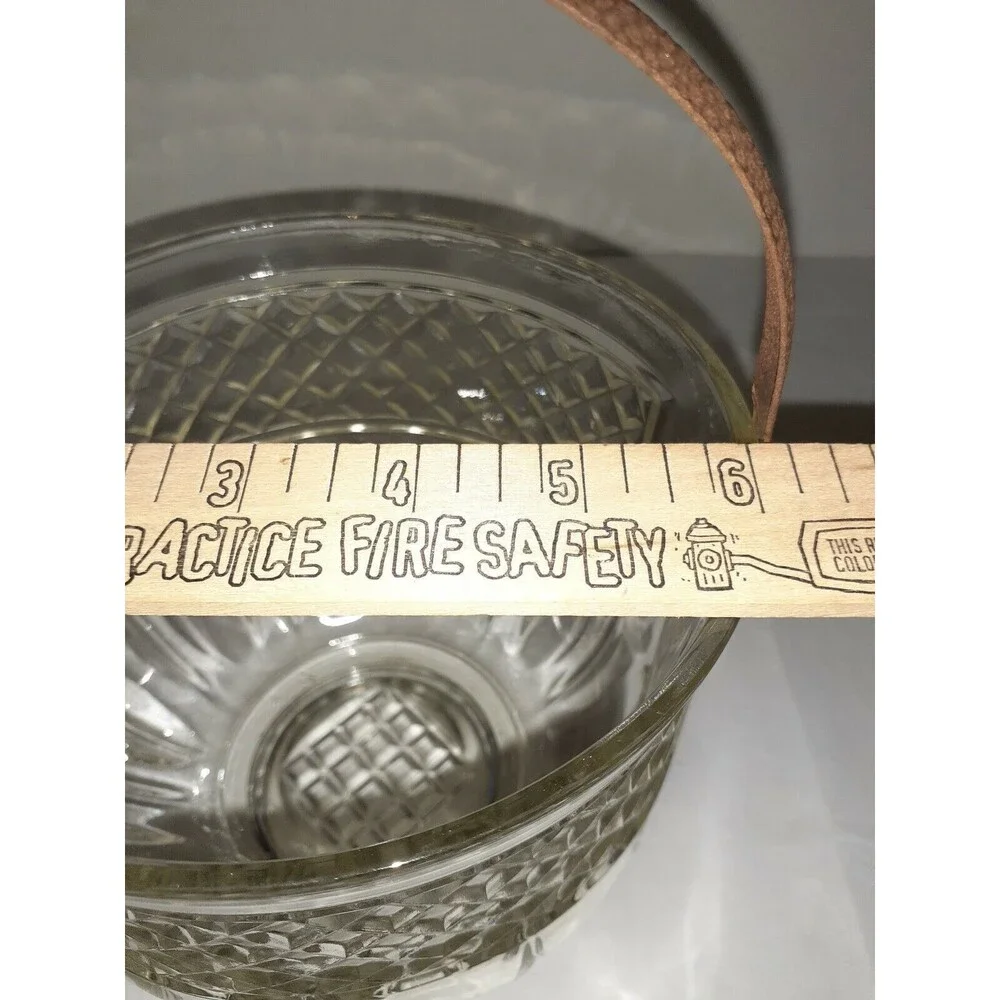 Vtg Barware Glass Ice Bucket Diamond w/Rustic Hammered Metal Handle